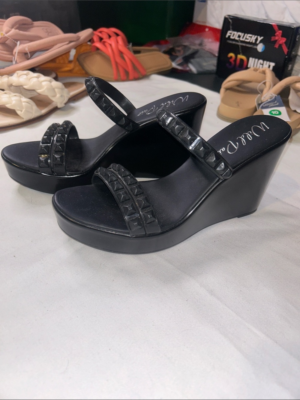 Wild pair Wedge Slide Sandals with Studded Straps - Black 8.5